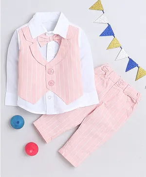 MANET Full Sleeves Pencil Striped Coordinating Shirt With Attached Waistcoat & Pant - Baby Pink
