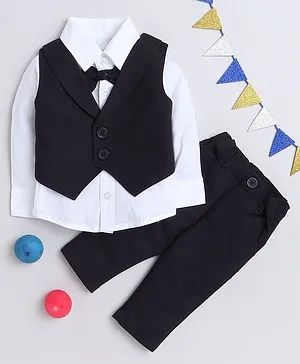MANET Full Sleeves Solid Shirt & Pant With Waistcoat - Black