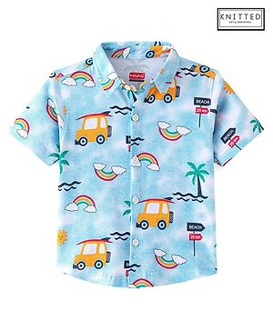 Babyhug Cotton Knit Half Sleeves Regular Collar Car Printed Shirt - Blue
