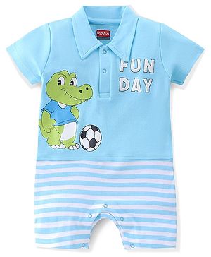 Babyhug 100% Cotton Half Sleeves Romper With Crocodile Print - Blue