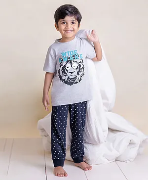 LADORE Half Sleeves Lion Face Printed Pure Cotton Night Suit Set - Grey