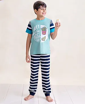 LADORE Pure Cotton  Half Sleeves Fries & Cheese Printed & Striped Designed Night Suit Set - Aqua Green
