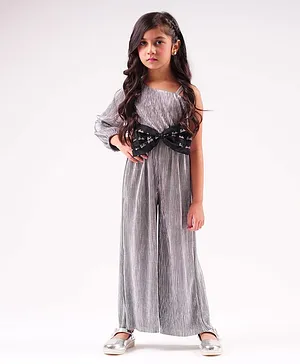 Lil Drama One Shoulder Three Fourth Sleeves Accordion Pleated With Barbie Text Bow Detailed Shimmer Jumpsuit - Grey