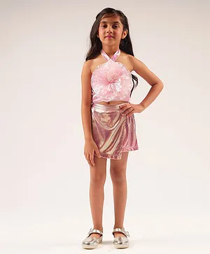 Lil Drama Sleeveless Barbie Text Printed & Rose Applique Detailed Ballerina Crop Top With Shimmer Skirt - Pink