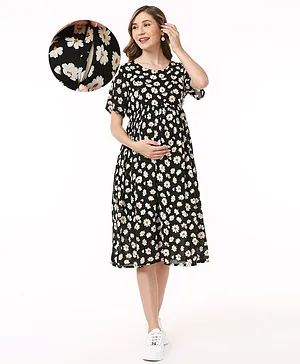 Bella Mama Viscose Woven Flower Print Half Sleeves Maternity Dress with Pocket - Black