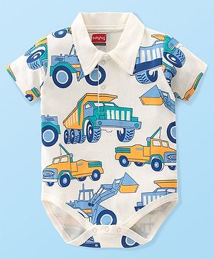 Babyhug 100% Cotton Half Sleeves Onesies With Truck Print - White