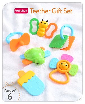 Babyhug Teether Gift Set Pack of 6||Easy to Grip|Fits in Mouth, Stimulates and Massages Sore Gums| Gifting Toy| Child Safe Material| BIS Certified| 4 Months+