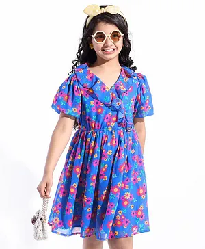 Hola Bonita Woven Georgette Half Sleeves Frock With Floral Print - Blue