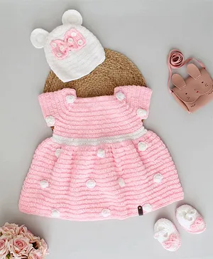 Woonie Short Sleeves Floral & Bow Crochet Detailed Woollen Dress With Cap & Booties - Baby Pink