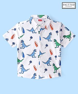 Babyhug Cotton Knit Half Sleeves Regular Collar Dino Printed Shirt - White