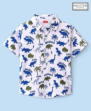 Babyhug Cotton Knit Half Sleeves Dino Printed Regular Shirt - White