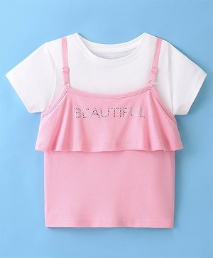 Pine Kids Cotton Beautiful Embellished Top with Half Sleeves Inner Tee - Pink & Snow White