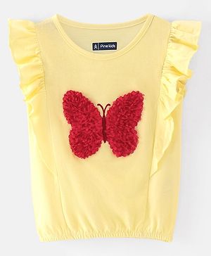 Pine Kids Cotton Knit Frill Sleeves Butterfly Applique Top - Yellow