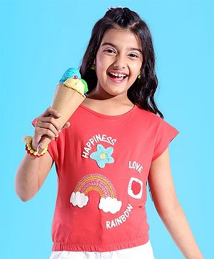 Pine Kids 100% Cotton Knit Sleeveless Top Rainbow Embroidered - Red