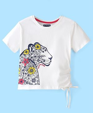 Pine Kids Cotton Knit Half Sleeves T-Shirts Floral & Lioness Print- Snow White