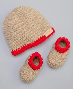 The Original Knit Crochet Designed Handmade Unisex Cap With Socks - Beige & Red