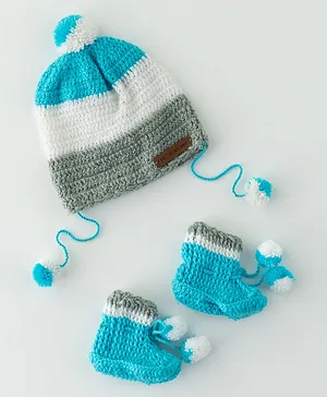 The Original Knit Pom Pom Detailed Colour Blocked Handmade Unisex Cap With Socks - Blue & Grey