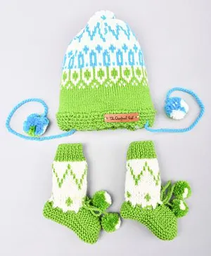 The Original Knit Unisex Self Design Handmade Cap With Socks - Green & Cream