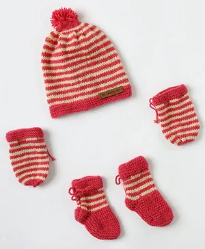 The Original Knit Unisex Striped Pattern  Handmade Cap With Socks & Mittens Set - Pink & Off White
