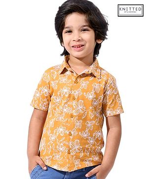 Babyhug Cotton Knit Half Sleeves Floral Print Shirt - Brown