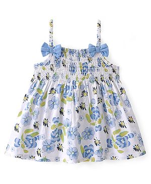 Babyhug 100% Cotton WovenSleeveless Singlet  Top with Smocking & Bow Detailing Floral Print - White