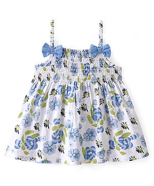 Babyhug 100% Cotton WovenSleeveless Singlet  Top with Smocking & Bow Detailing Floral Print - White