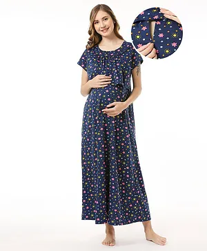 Bella Mama Cotton Knit Half Sleeves Concealed Zipper Star & Floral Printed Nighty - Blue