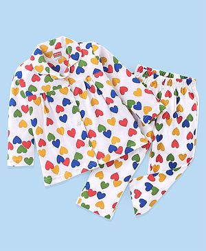 Babyhug Cotton Knit Full Sleeves Heart Printed Night Suit - White