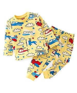 Babyhug Cotton Knit Full Sleeves Night Suit With Airplane Print - Yellow