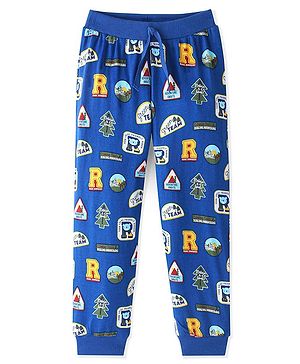 Babyhug Cotton Knit Full Length Lounge Pants Stamps Print- Navy Blue