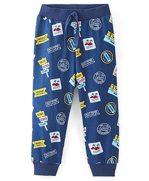 Babyhug Cotton Knit Full Length Vacations Print Lounge Pant - Navy Blue