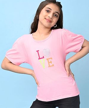 Pine Kids Cotton Knit Half Sleeves T-Shirt Text Embroidery - Pink