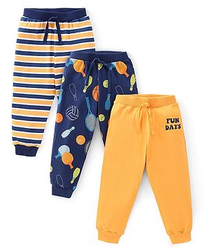 Babyhug Cotton Full Length Lounge Pant Stripes & Bowling Print Pack of 3- Blue & Yellow