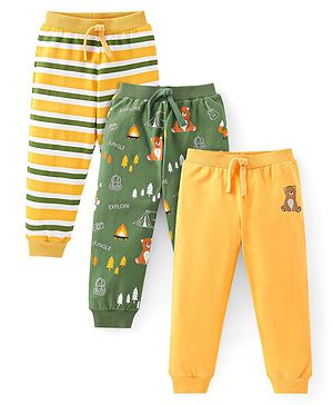 Babyhug Cotton Jersey Knit Full Length Lounge Pant Stripes & Bear Print Pack Of 3 - Multicolor