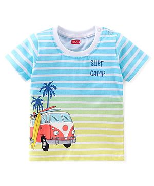 Babyhug Cotton Knit Half Sleeves Striped T-Shirt with Van Print - Blue & Yellow