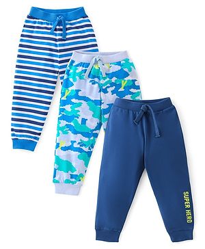 Babyhug Cotton Knit Full Length Camo Print Lounge Pants Pack of 3 - Blue