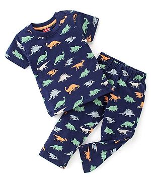 Babyhug Cotton Knit Single Jersey Half Sleeves Night Suit With Dino Print - Navy Blue