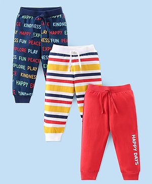 Babyhug Cotton Knit Full Length Lounge Pants Striped & Text Printed Pack of 3 - Blue Yellow & Red
