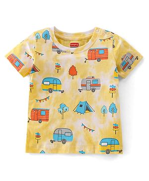 Babyhug 100% Cotton Knit Half Sleeves T-Shirt With Camping Theme Graphics - Yellow