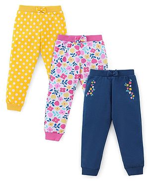 Babyhug Cotton Knit Full Length Floral Print Lounge Pants Pack of 3 - Navy Pink & Yellow