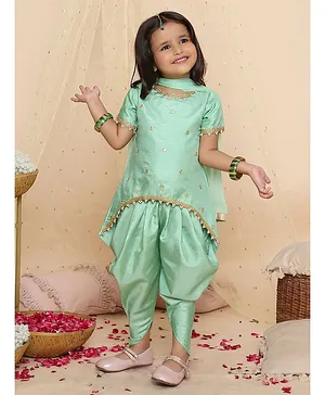 KID1 Half Sleeves Gota Lace Embellished Anya Hi Low Kurta With  Dhoti & Dupatta Set  - Mint Green