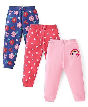 Babyhug Cotton Full Length Lounge Pants Striped Pack of 3 - Pink & Blue
