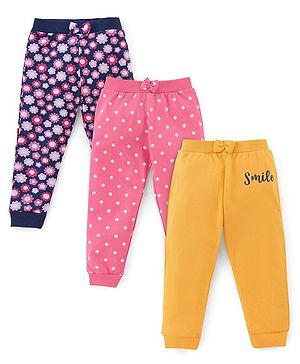 Babyhug Cotton Knit Full Length Floral Print Lounge Pants Pack of 3 - Navy Pink & Yellow