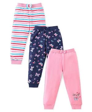 Babyhug Cotton Full Length Lounge Pants Floral Printed & Striped Pack of 3 - Pink & Blue