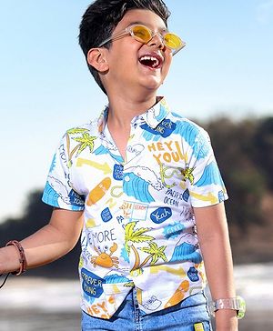 Babyhug 100% Cotton Knit Half Sleeves Regular Collar Beach Print Shirt - White