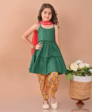 Lilpicks Couture Sleeveless Mirror Work Embellished Empire Kurta With Jaipuri Floral Printed Dhoti & Dupatta - Green