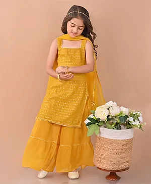 Lilpicks Couture Sleeveless Sequin Embellished Kurta With Sharara & Dupatta - Yellow