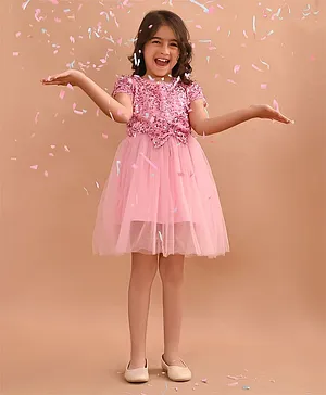 Lilpicks Couture Half Sleeves Sequin Bow Detail Fit And Flare Party Dress - Pink