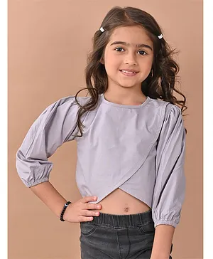 Lilpicks Couture Three Fourth Sleeves Solid Overlapped Crop Top - Grey