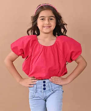 Lilpicks Couture Puffed Half Sleeves Solid Balloon Crop Top - Pink